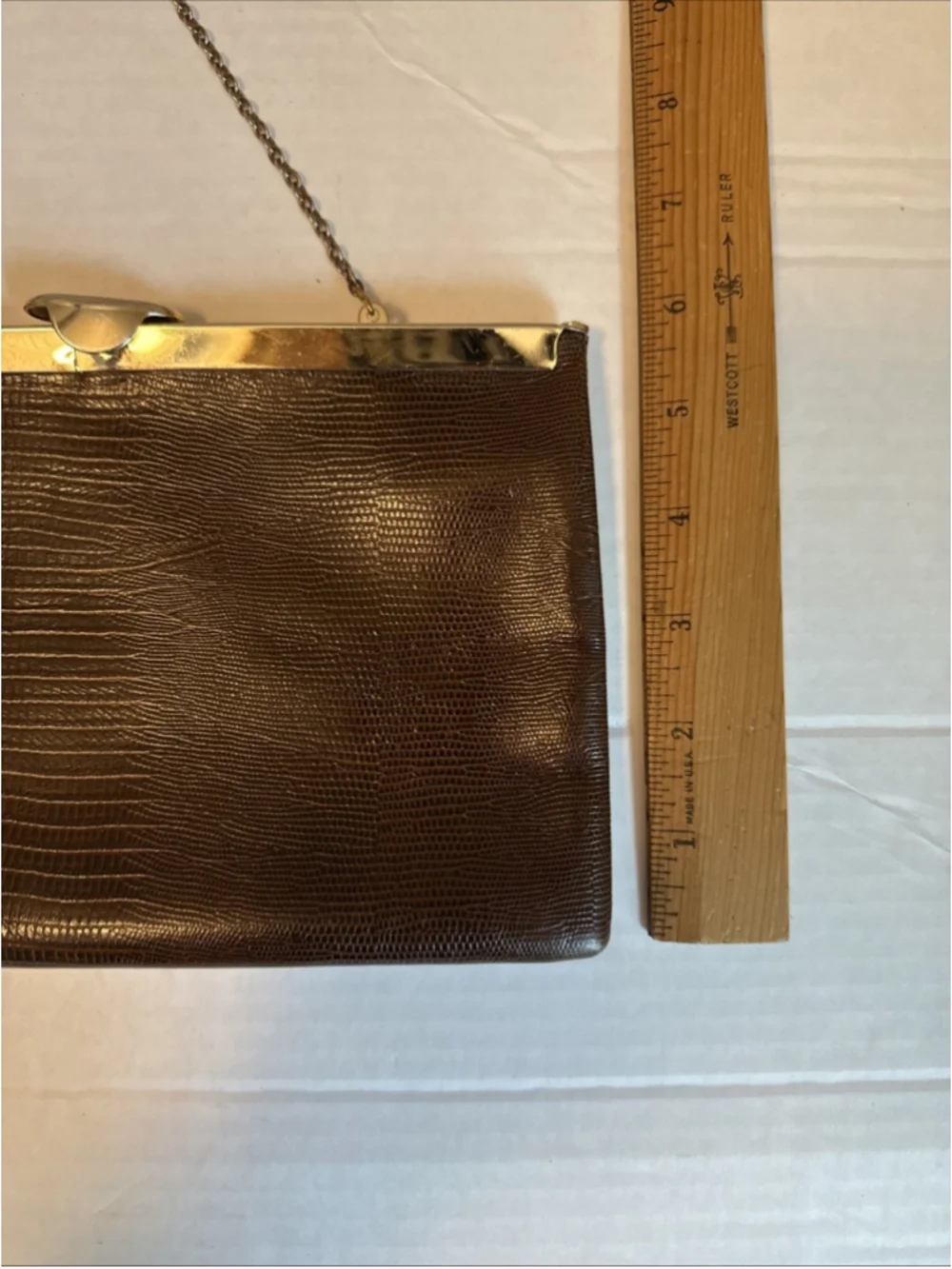 Vintage Etra Leather Lift Clasp Clutch with Chain Bag, Clean Lizard Embossed EUC